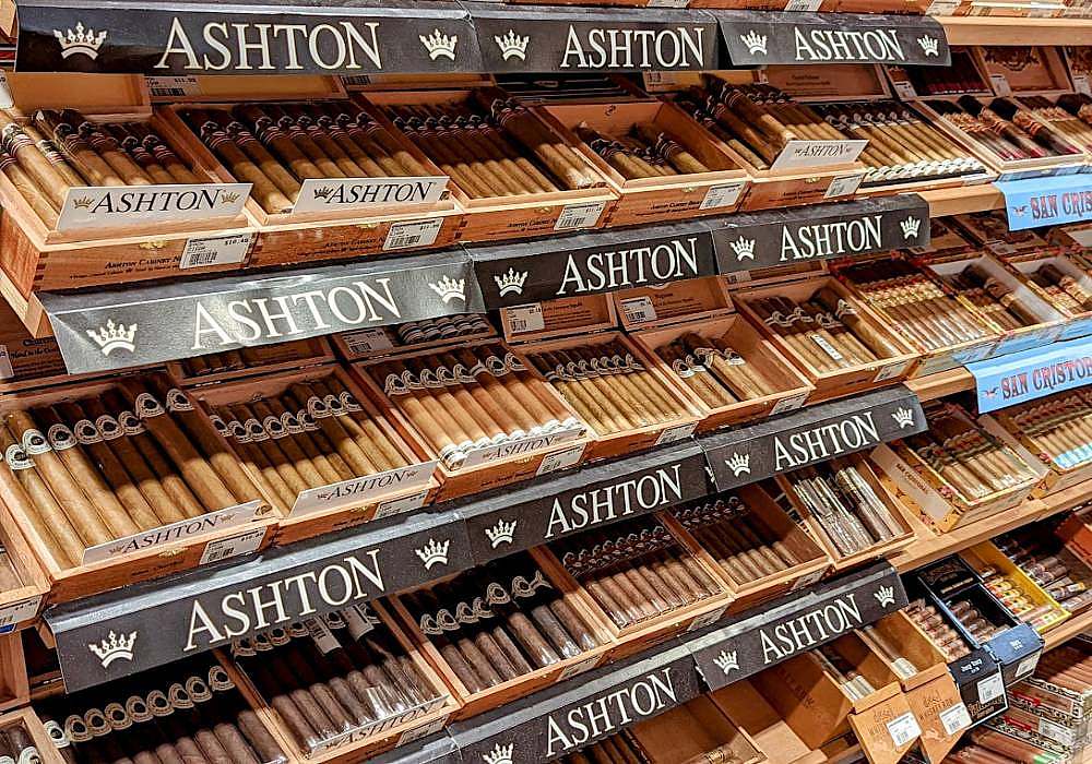 Ashton cigars on display in a store.